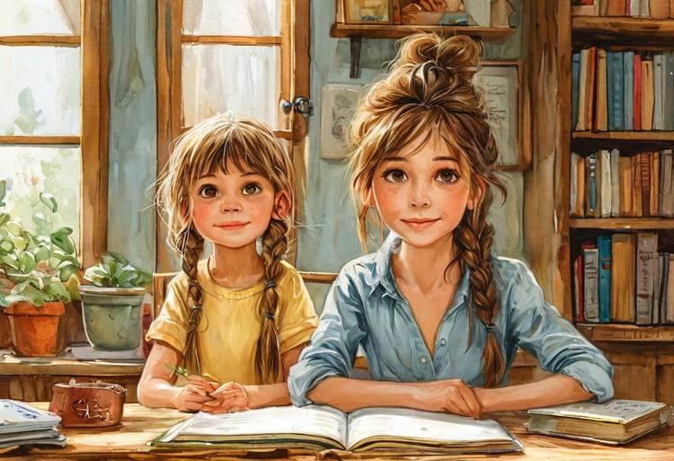 Две сестры за столом с открытой книгой готовятся к занятию на внимание