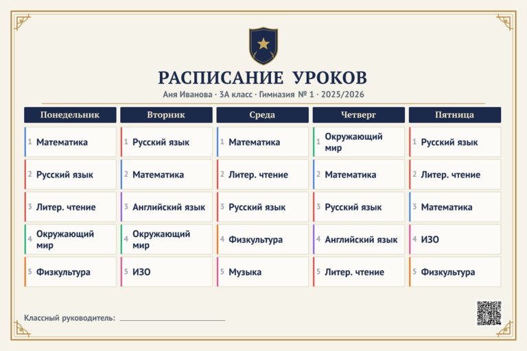 Шаблон расписания уроков «Лицей»